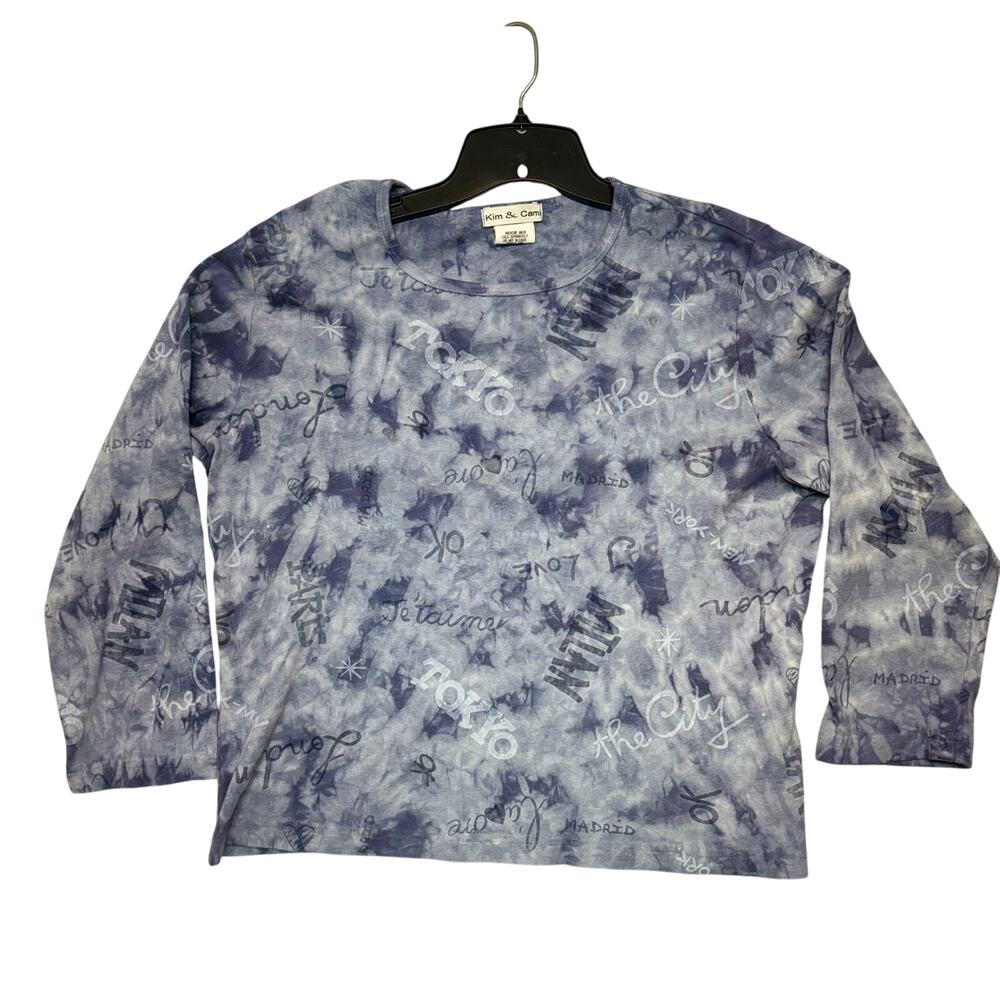Kim & Cami Shirt Large Womens Purple Tie Dye 3/4 Sleeve Milan Tokyo Made in USA
